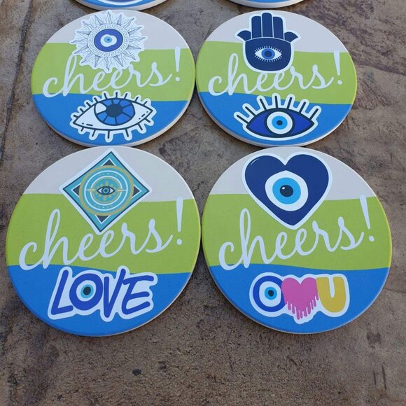 Evil Eye Hand Made Set of 6 Ceramic Coasters Table Kitchen Home Office Decor - Picture 2 of 3